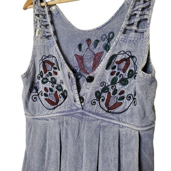 Embroidered Chambray Midi Dress Teacher Retro 90s - Picture 2 of 8